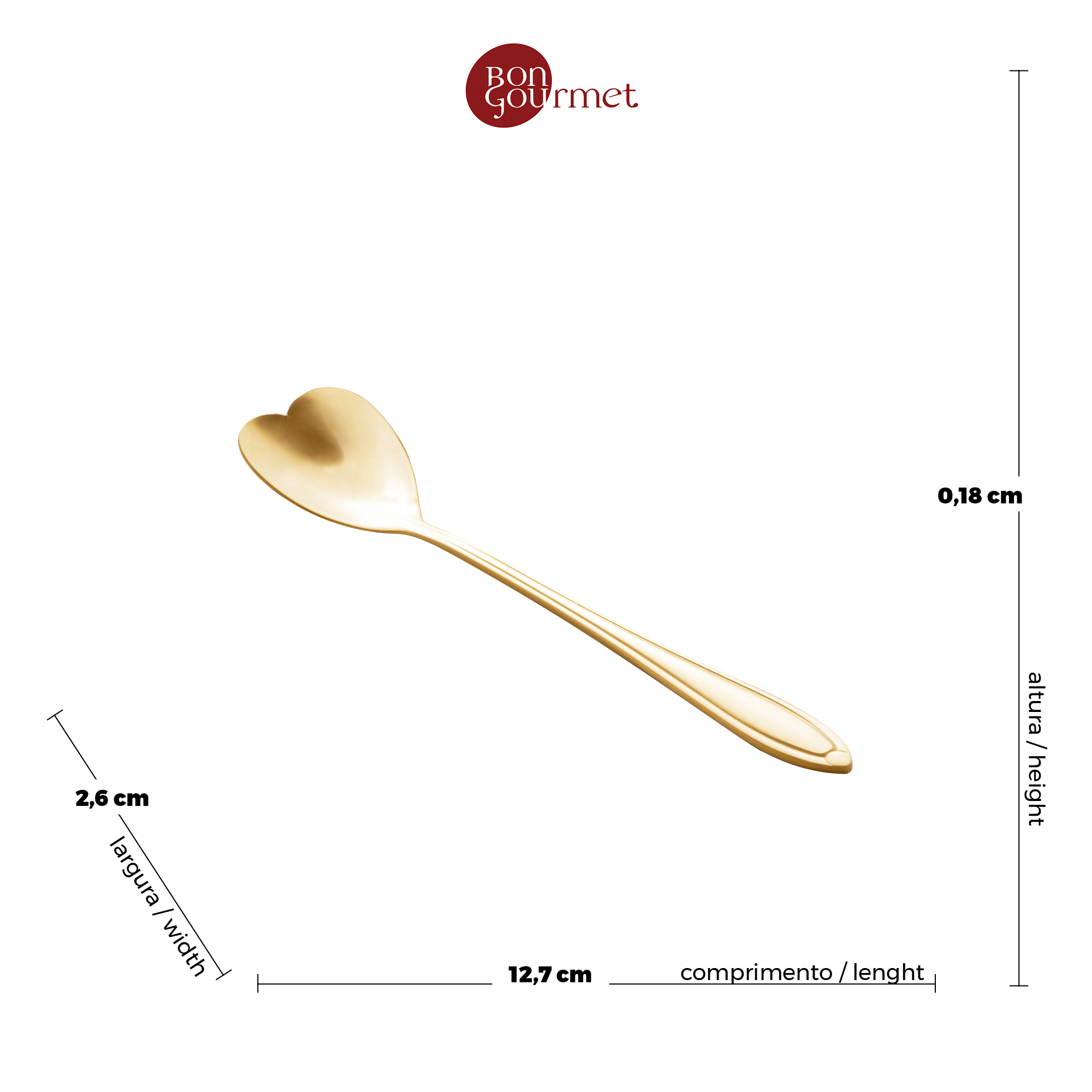 CJ 4 Colheres Aço Inox p/ chá Heart Dourado - Imagem 6
