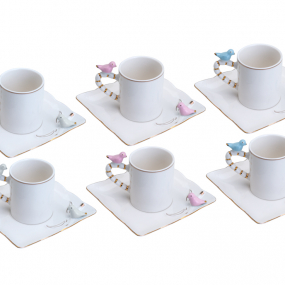 Cj 6 Xícaras Café Porcelana Birds Colorido 80ml